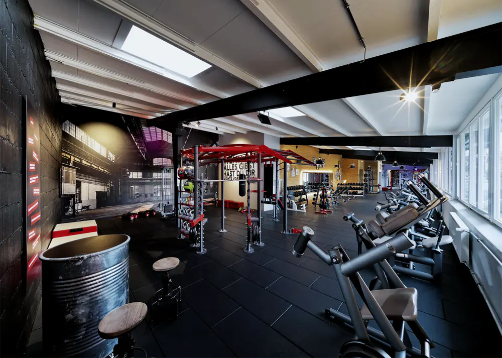 Blick über die Trainingsfläche mit Functional-Rig, Kurzhantelregal und Maschinen entlang der Fensterfront